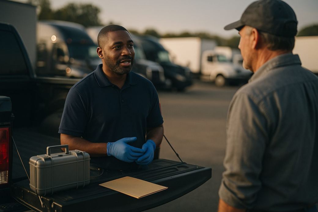 A Dapsim collection technician in gloves reviewing collection paperwork with a commercial truck driver at a fleet yard